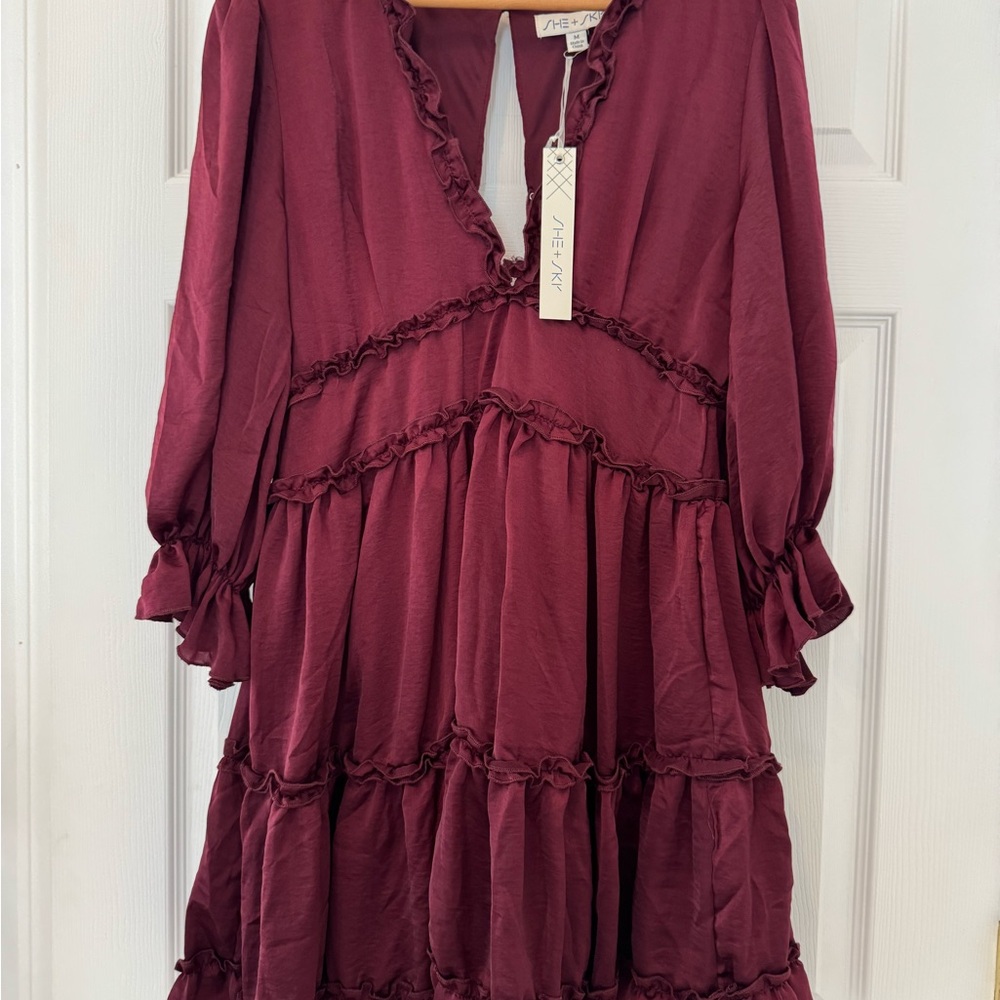 She + Sky Maroon Ruffle Dress